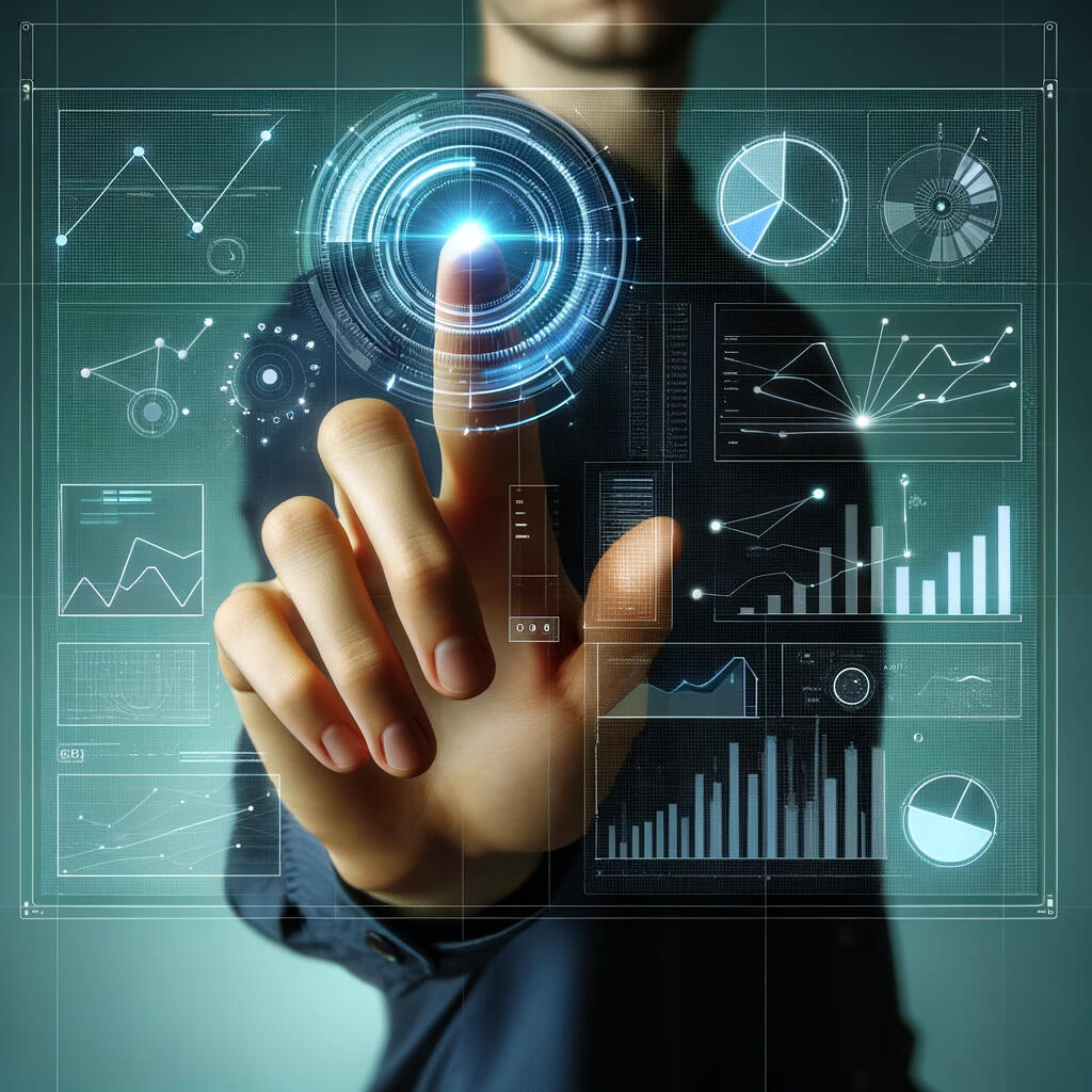 A person in a dark blue shirt interacting with a futuristic, transparent digital interface, complete with various data graphics.